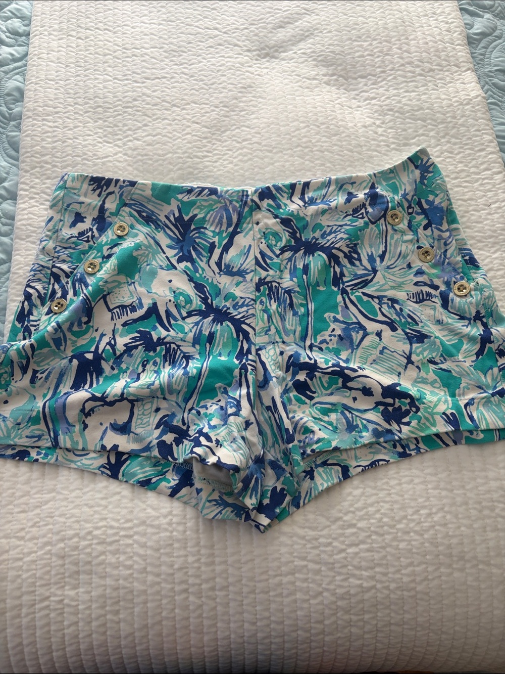 Lilly Pulitzer Tropical Palm-Print High Waist Shorts in Teal, Navy & White